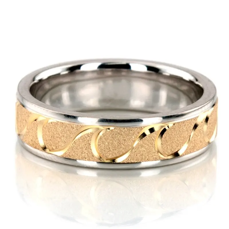 14K white-yellow-white gold 6mm. wire matte fancy-carved-diamond-cut-wedding-ring - main view