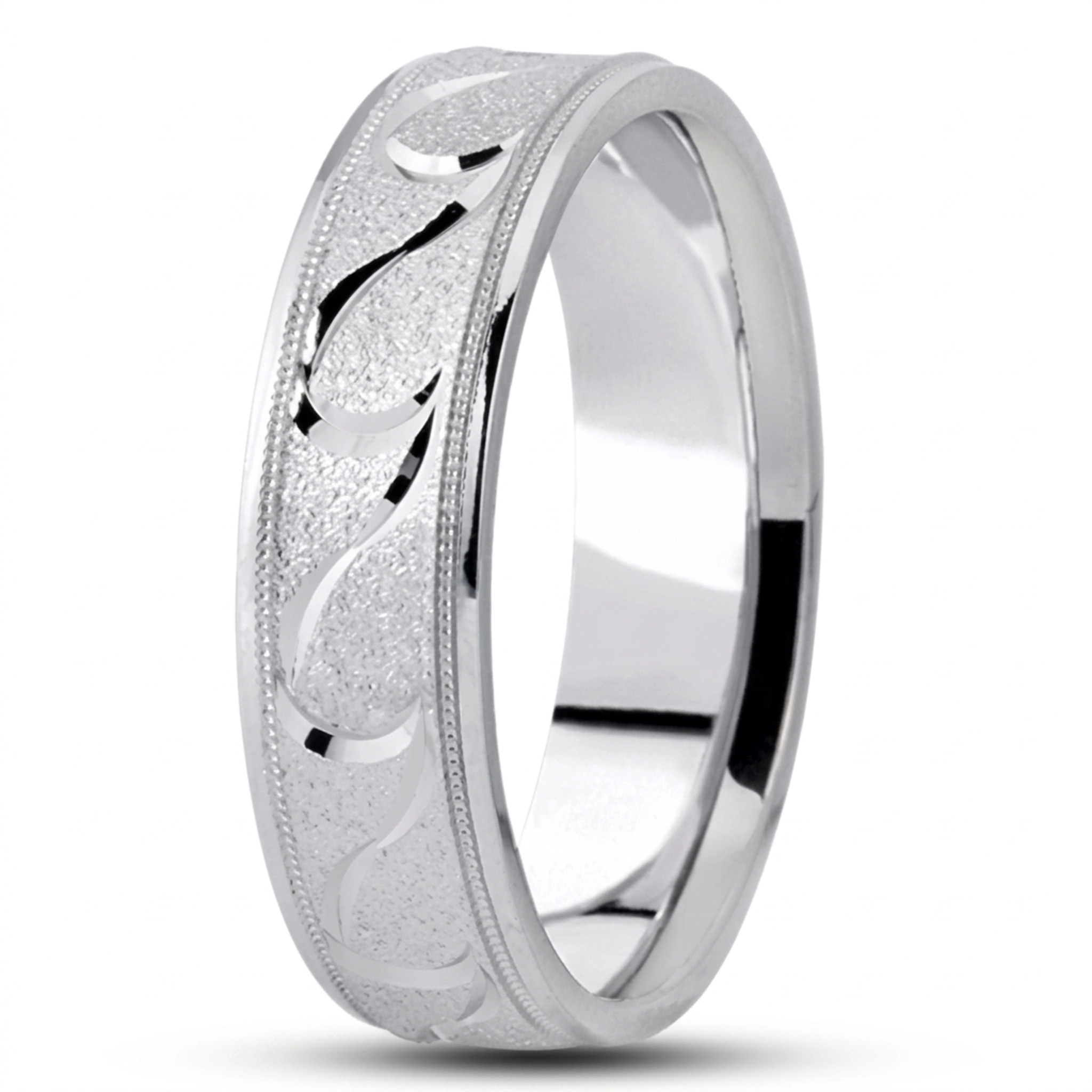 10K white gold 6mm. wire matte fancy-carved-diamond-cut-wedding-ring - alternate view 5