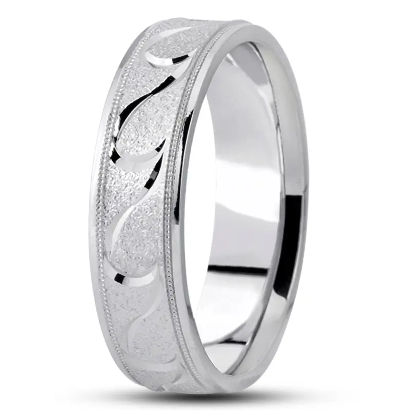 14K white gold 6mm. wire matte fancy-carved-diamond-cut-wedding-ring - alternate view 5