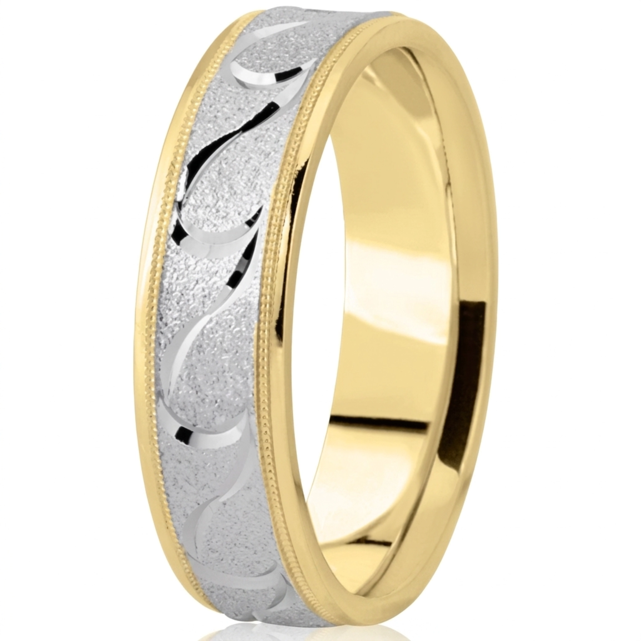 10K yellow-white-yellow gold 6mm. wire matte fancy-carved-diamond-cut-wedding-ring - alternate view 6