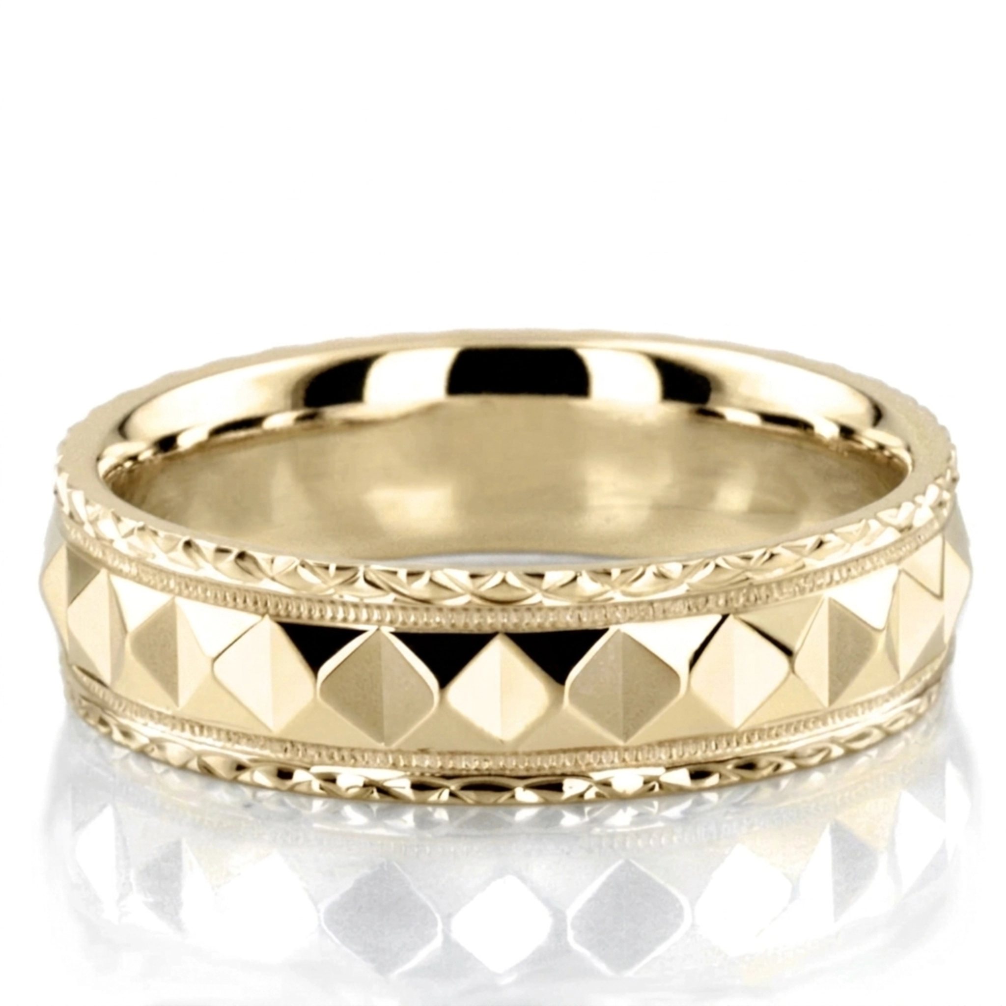 10K yellow gold 5mm. high polish fancy-carved-diamond-cut-wedding-band - alternate view 2
