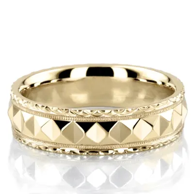 10K yellow gold 5mm. high polish fancy-carved-diamond-cut-wedding-band - alternate view 2 thumbnail