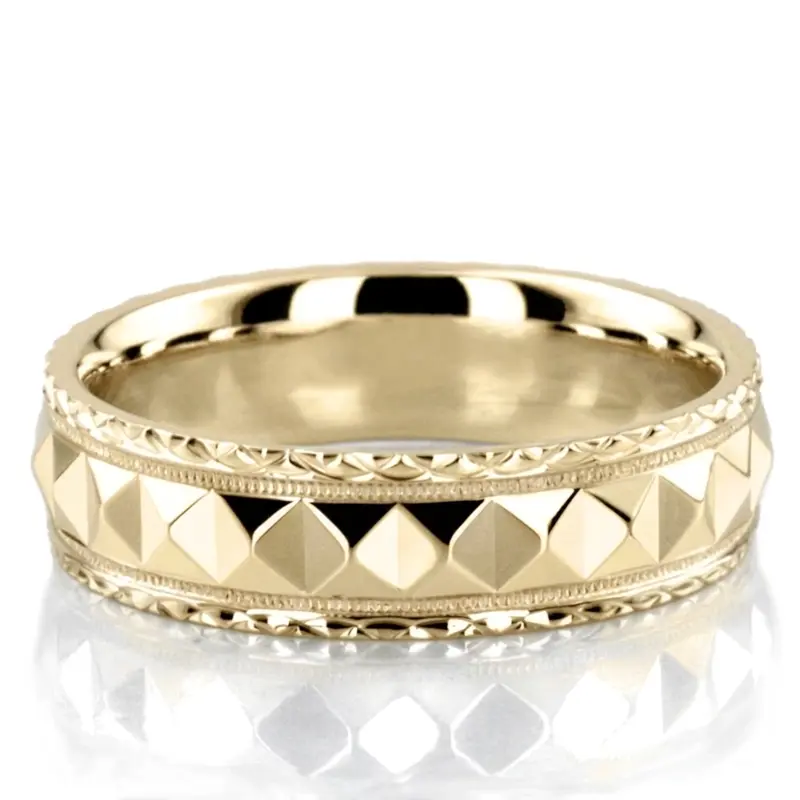 10K yellow gold 5mm. high polish fancy-carved-diamond-cut-wedding-band - alternate view 2