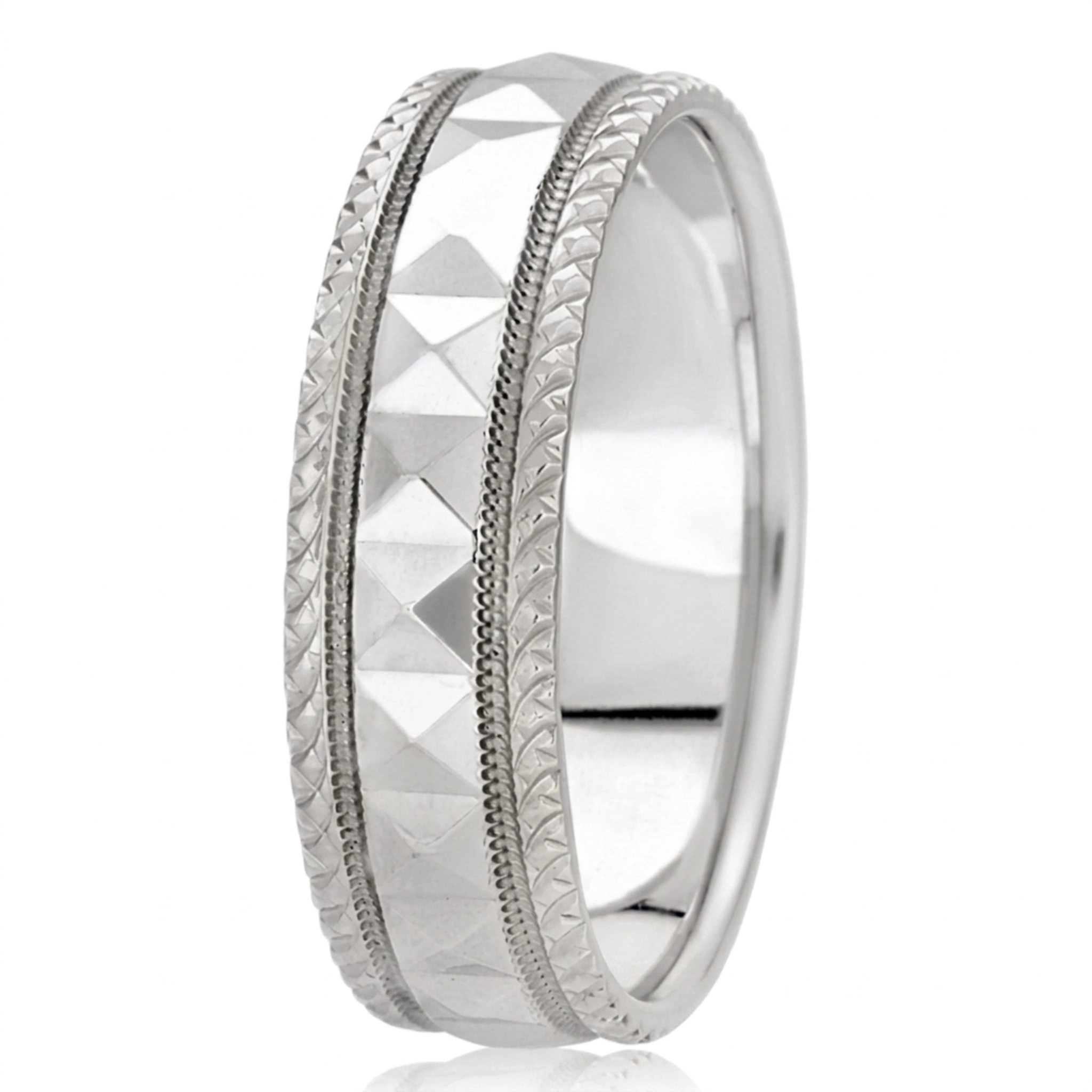 10K white gold 7mm. high polish fancy-carved-diamond-cut-wedding-band - alternate view 4