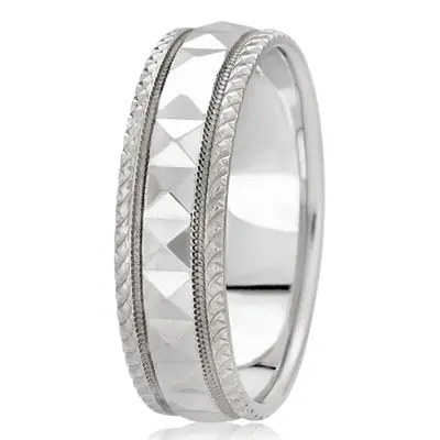 10K white gold 7mm. high polish fancy-carved-diamond-cut-wedding-band - alternate view 4 thumbnail
