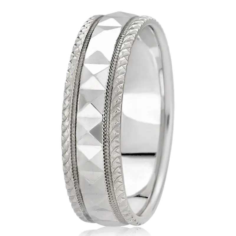 10K white gold 7mm. high polish fancy-carved-diamond-cut-wedding-band - alternate view 4