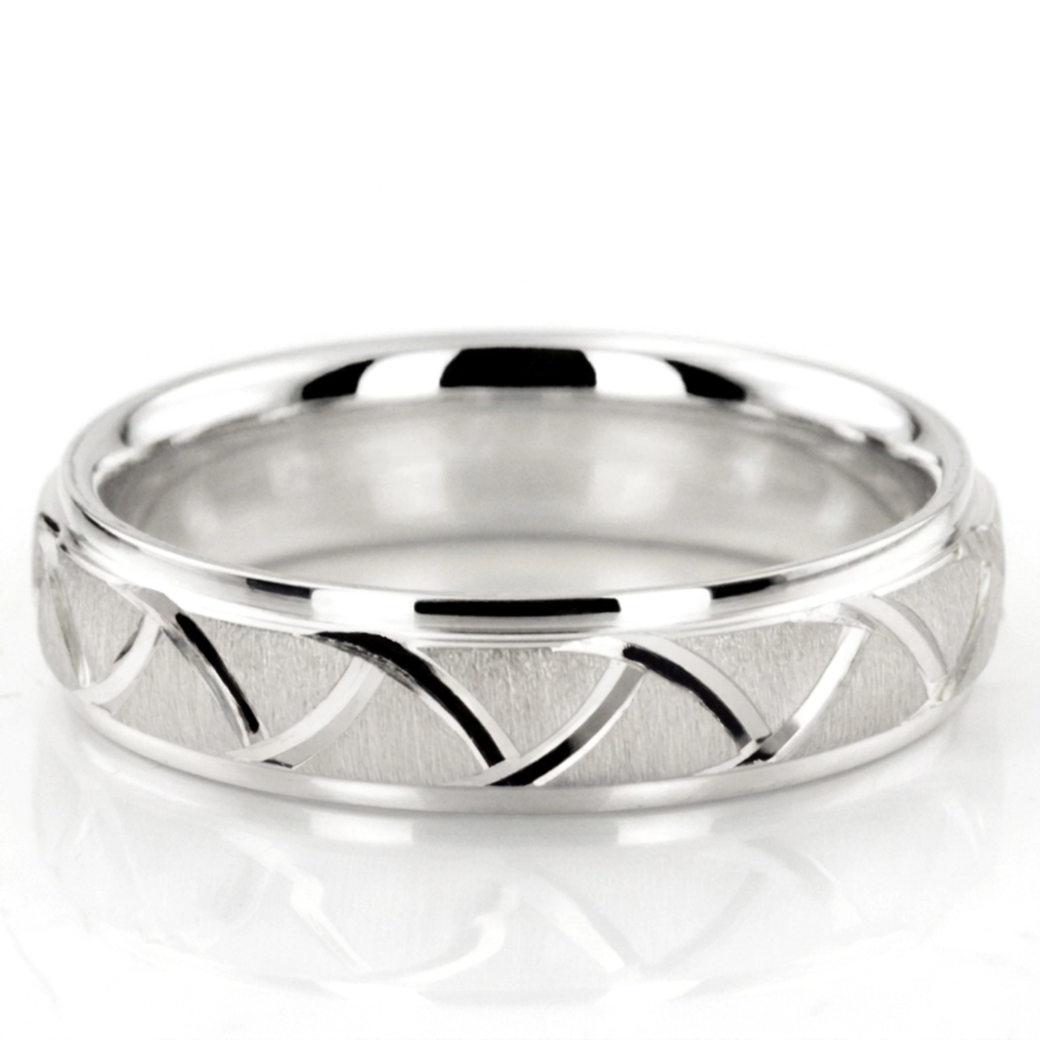 10K white gold 5mm. cross satin fancy-carved-diamond-cut-wedding-band - alternate view 2