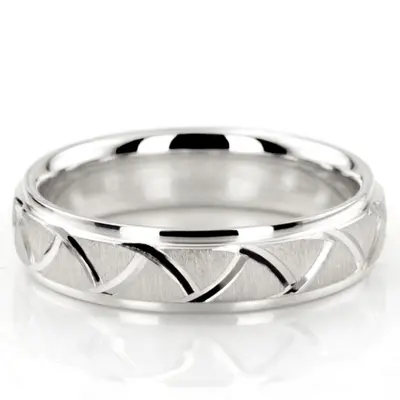 10K white gold 5mm. cross satin fancy-carved-diamond-cut-wedding-band - alternate view 2 thumbnail