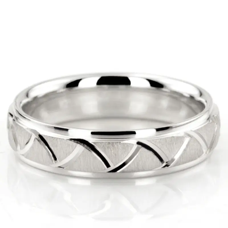 10K white gold 5mm. cross satin fancy-carved-diamond-cut-wedding-band - alternate view 2