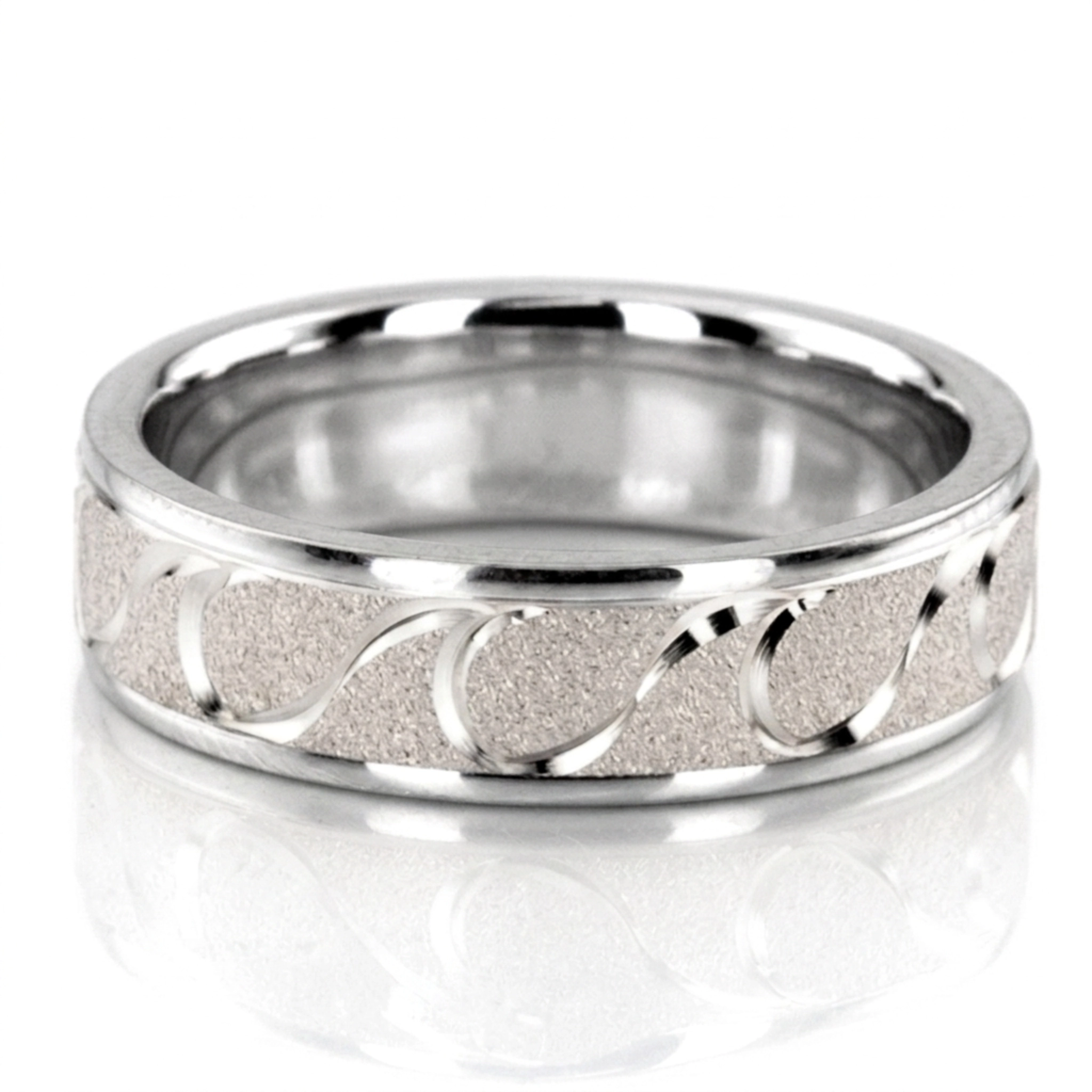 10K white gold 6mm. wire matte fancy-carved-diamond-cut-wedding-ring - alternate view 2