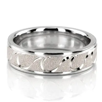 10K white gold 6mm. wire matte fancy-carved-diamond-cut-wedding-ring - alternate view 2 thumbnail