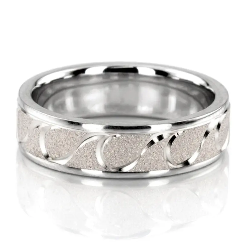 14K white gold 6mm. wire matte fancy-carved-diamond-cut-wedding-ring - alternate view 2