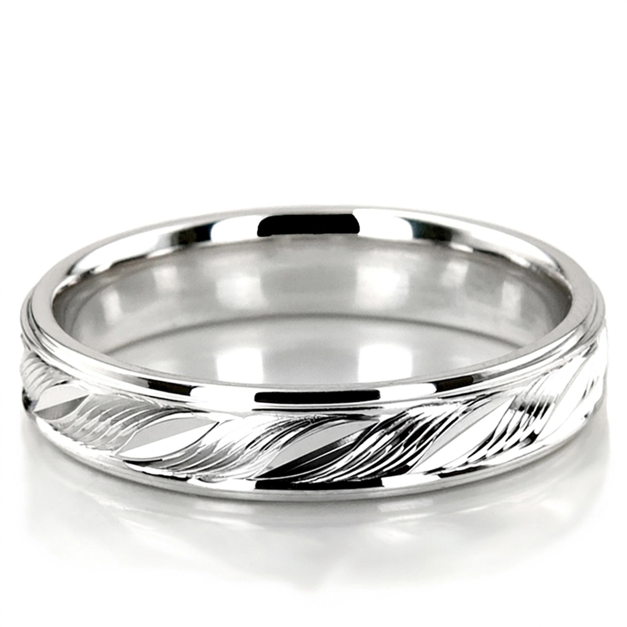 10K white gold 5mm. high polish fancy-carved-diamond-cut-wedding-band - main view