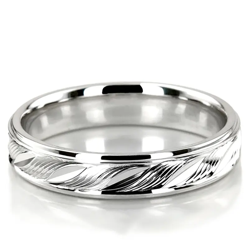 14K white gold 5mm. high polish fancy-carved-diamond-cut-wedding-band - main view