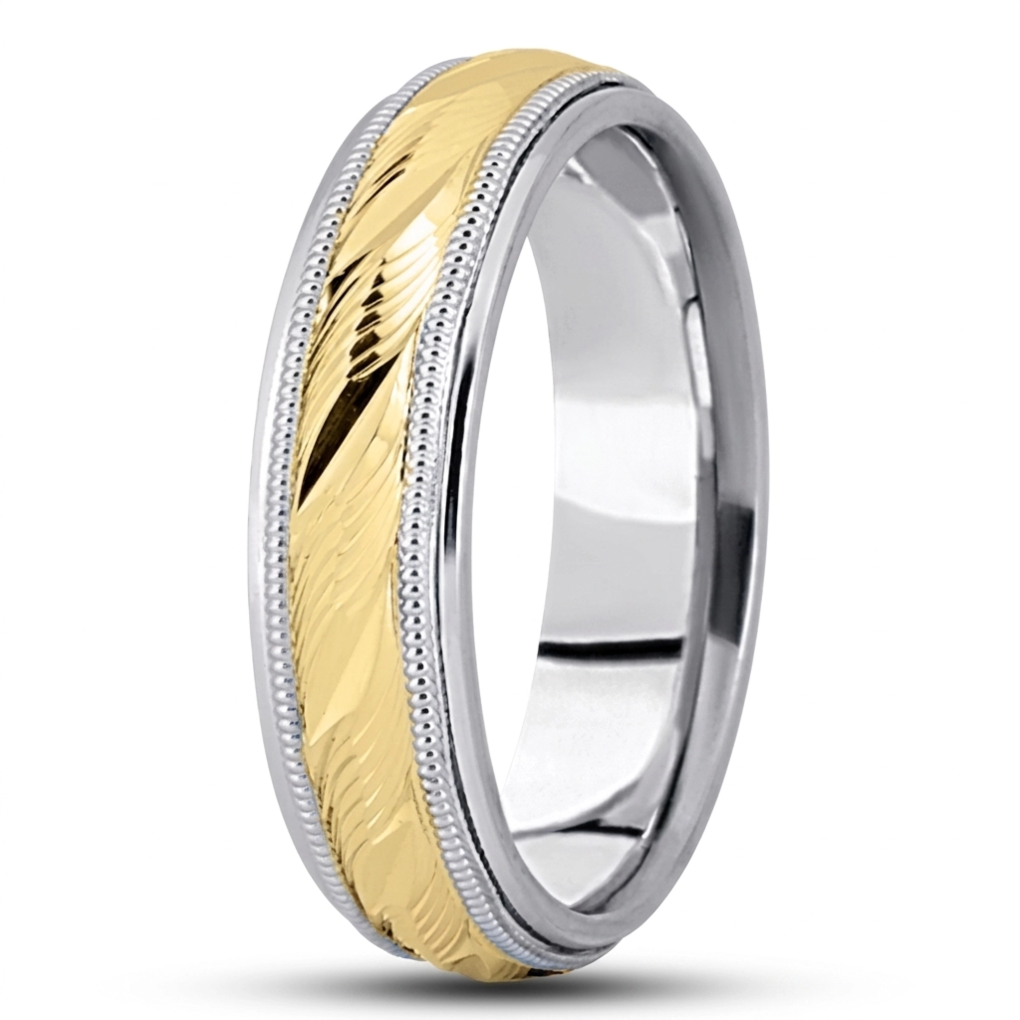 10K white-yellow-white gold 6mm. high polish fancy-carved-diamond-cut-wedding-band - alternate view 5