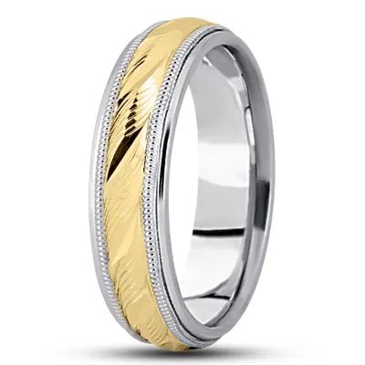 10K white-yellow-white gold 6mm. high polish fancy-carved-diamond-cut-wedding-band - alternate view 5 thumbnail