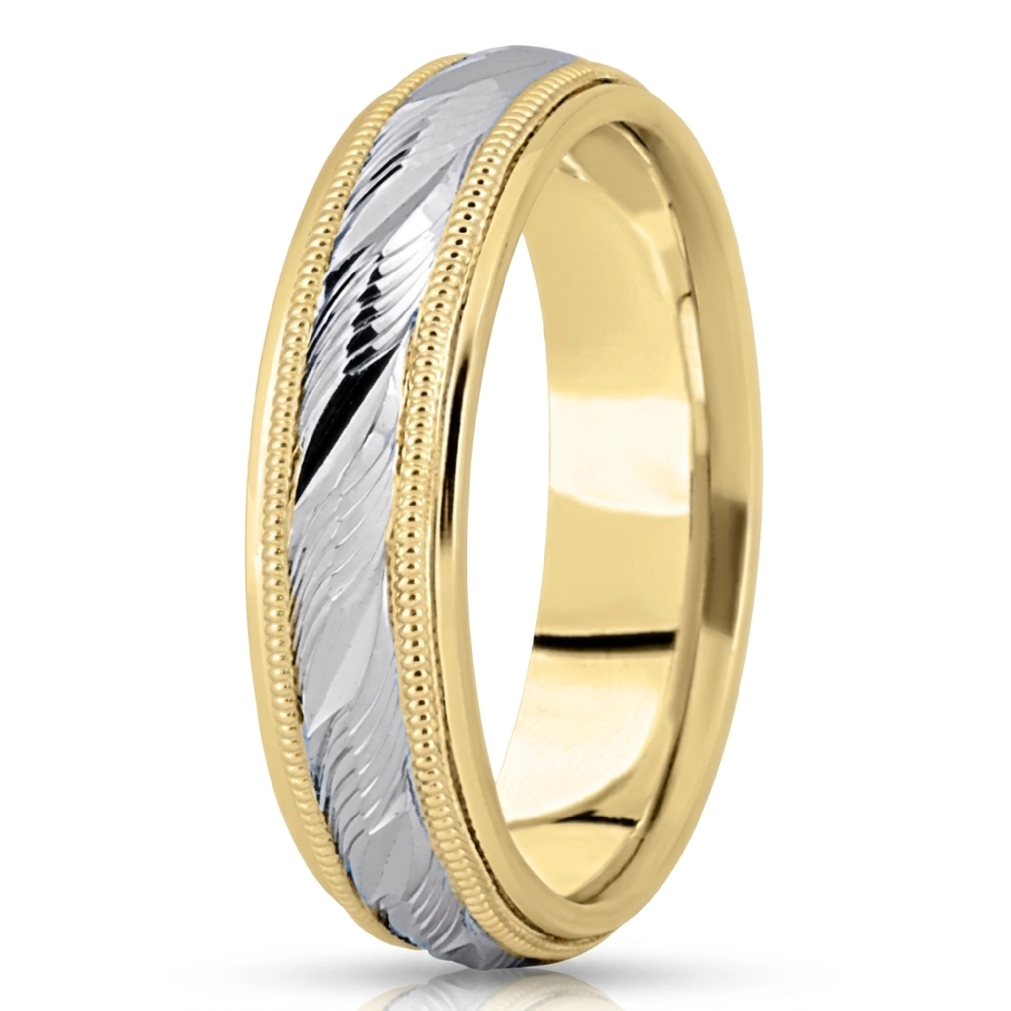 10K yellow-white-yellow gold 6mm. high polish fancy-carved-diamond-cut-wedding-band - alternate view 6
