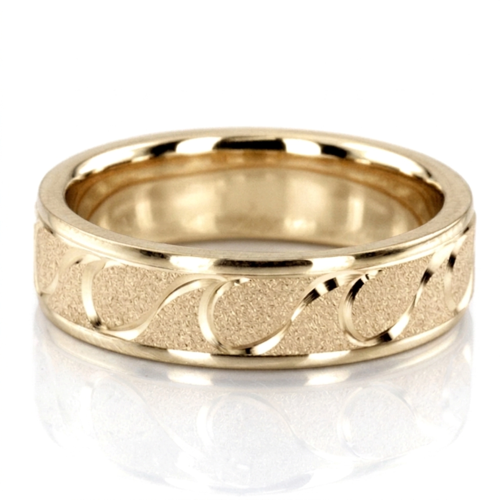 10K yellow gold 6mm. wire matte fancy-carved-diamond-cut-wedding-ring - alternate view 3