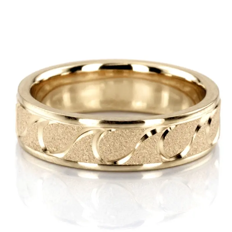 14K yellow gold 6mm. wire matte fancy-carved-diamond-cut-wedding-ring - alternate view 3