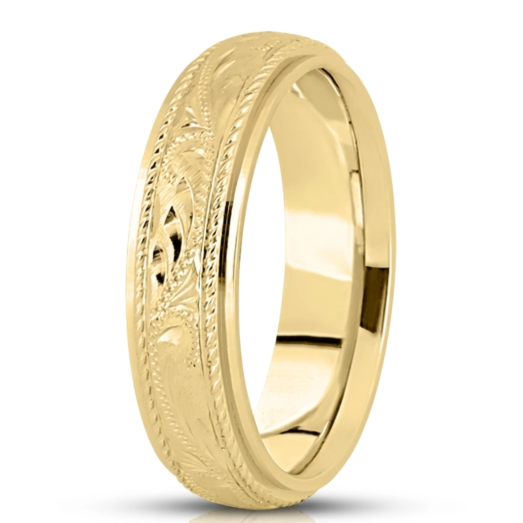 10K yellow gold 7mm. cross satin fancy-carved-hand-engraved-wedding-band - main view