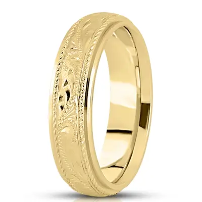 10K yellow gold 7mm. cross satin fancy-carved-hand-engraved-wedding-band - main view thumbnail
