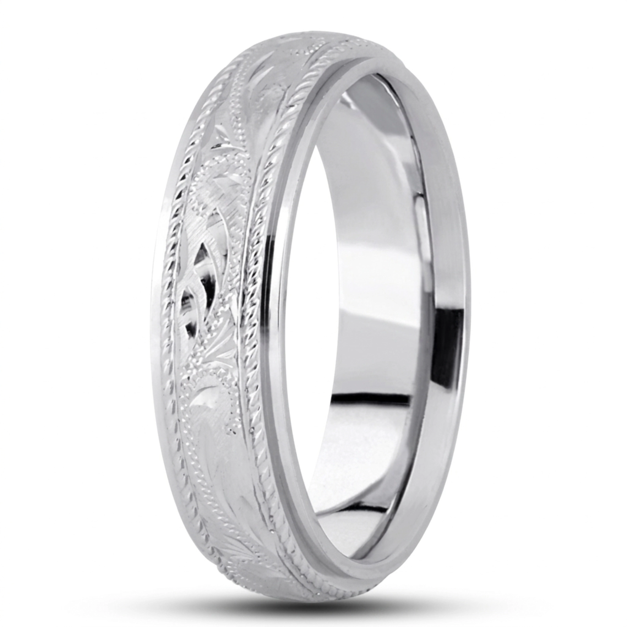 10K white gold 6mm. cross satin fancy-carved-hand-engraved-wedding-band - alternate view 2