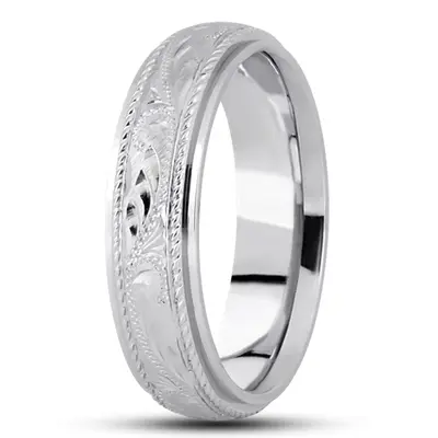 10K white gold 6mm. cross satin fancy-carved-hand-engraved-wedding-band - alternate view 2 thumbnail