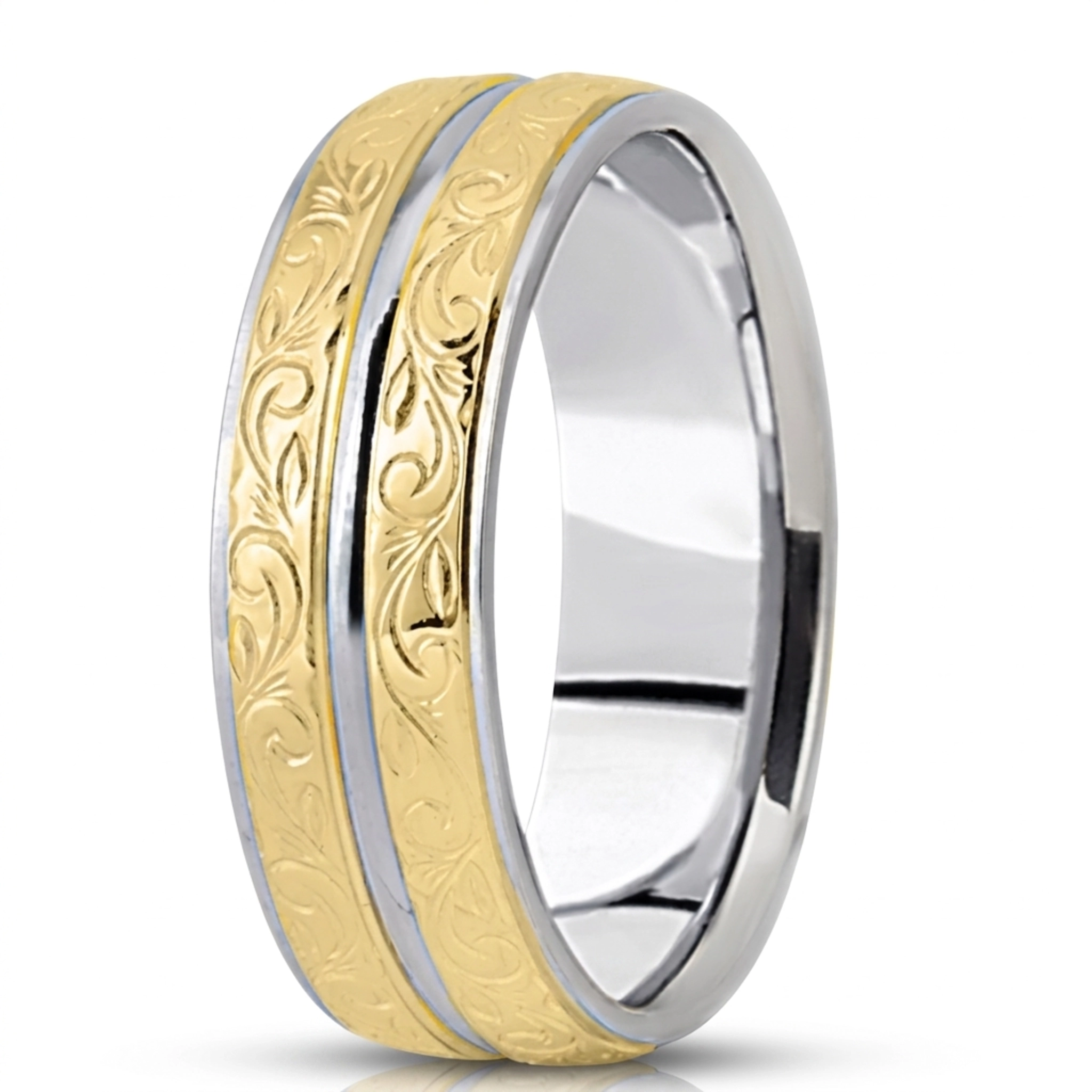 10K w-y-w-y-w gold 7mm. satin fancy-carved-hand-engraved-wedding-band - main view