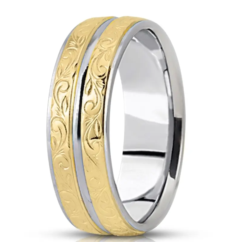 10K w-y-w-y-w gold 7mm. satin fancy-carved-hand-engraved-wedding-band - main view