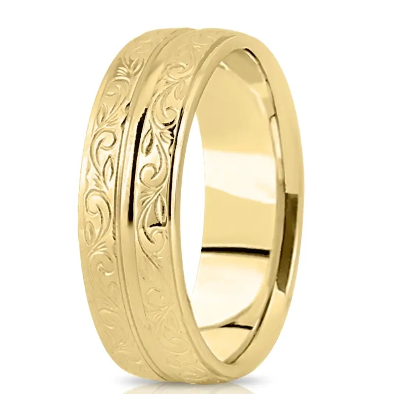 10K yellow gold 7mm. satin fancy-carved-hand-engraved-wedding-band - alternate view 3