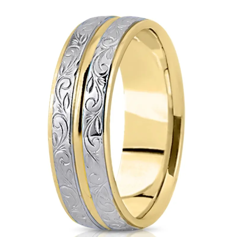 10K y-w-y-w-y gold 7mm. satin fancy-carved-hand-engraved-wedding-band - alternate view 4