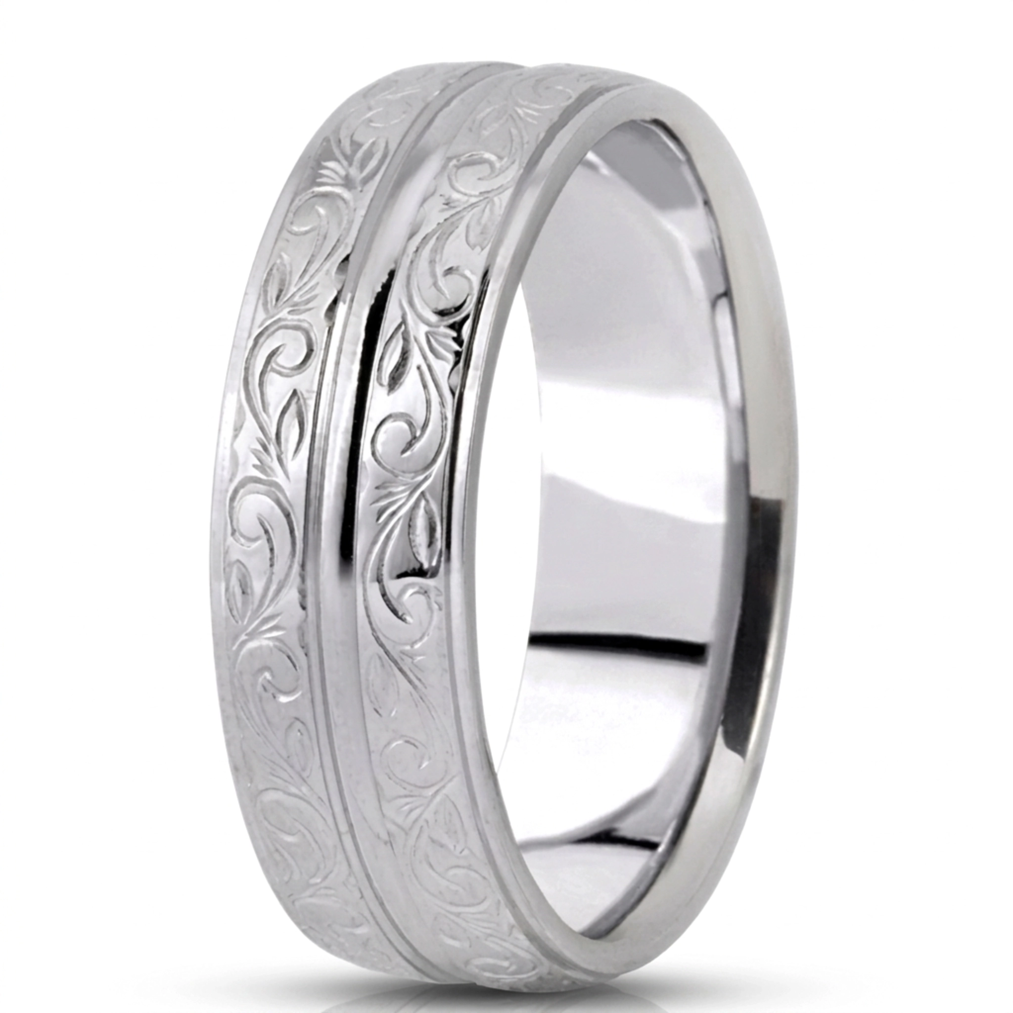 10K white gold 7mm. satin fancy-carved-hand-engraved-wedding-band - alternate view 2
