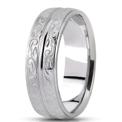 10K white gold 7mm. satin fancy-carved-hand-engraved-wedding-band - alternate view 2 thumbnail