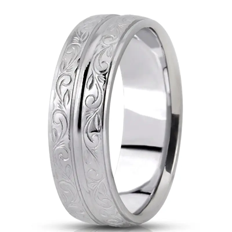 10K white gold 7mm. satin fancy-carved-hand-engraved-wedding-band - alternate view 2