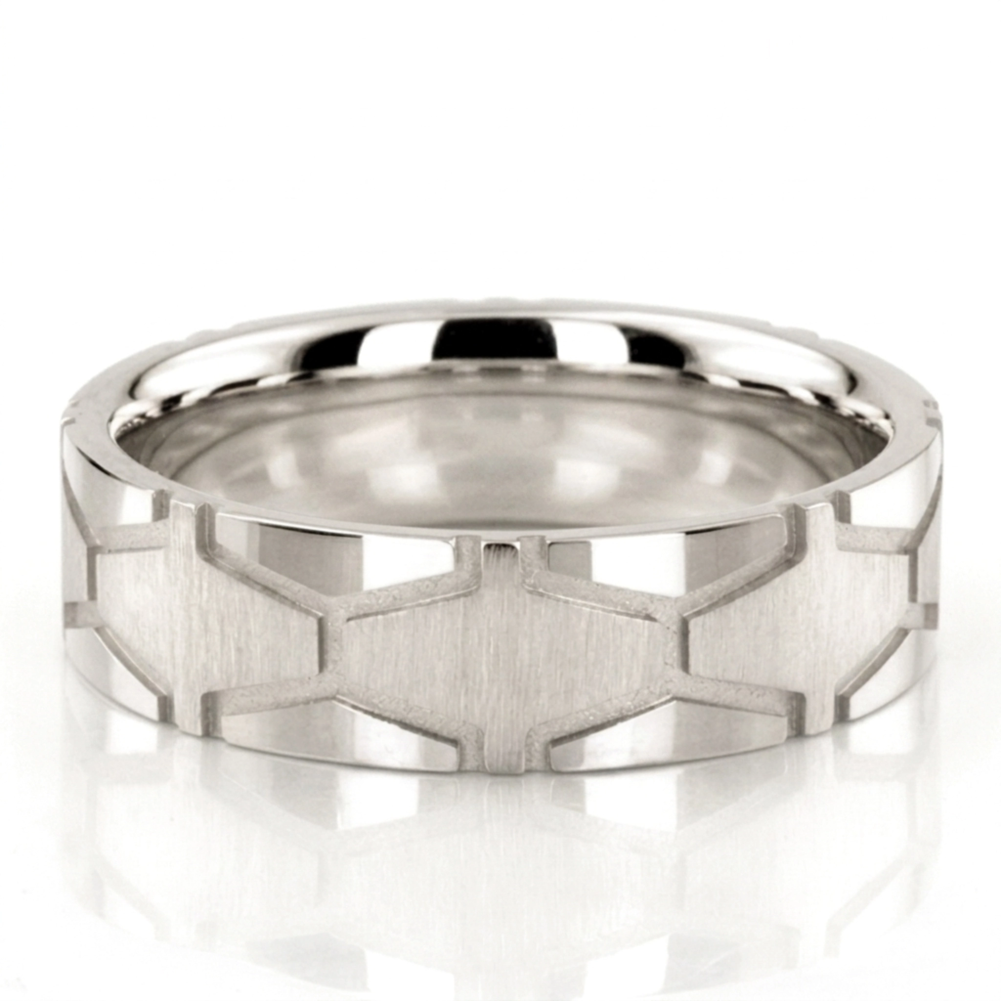 10K white gold 7mm. cross satin x-cut-fancy-wedding-ring - alternate view 2