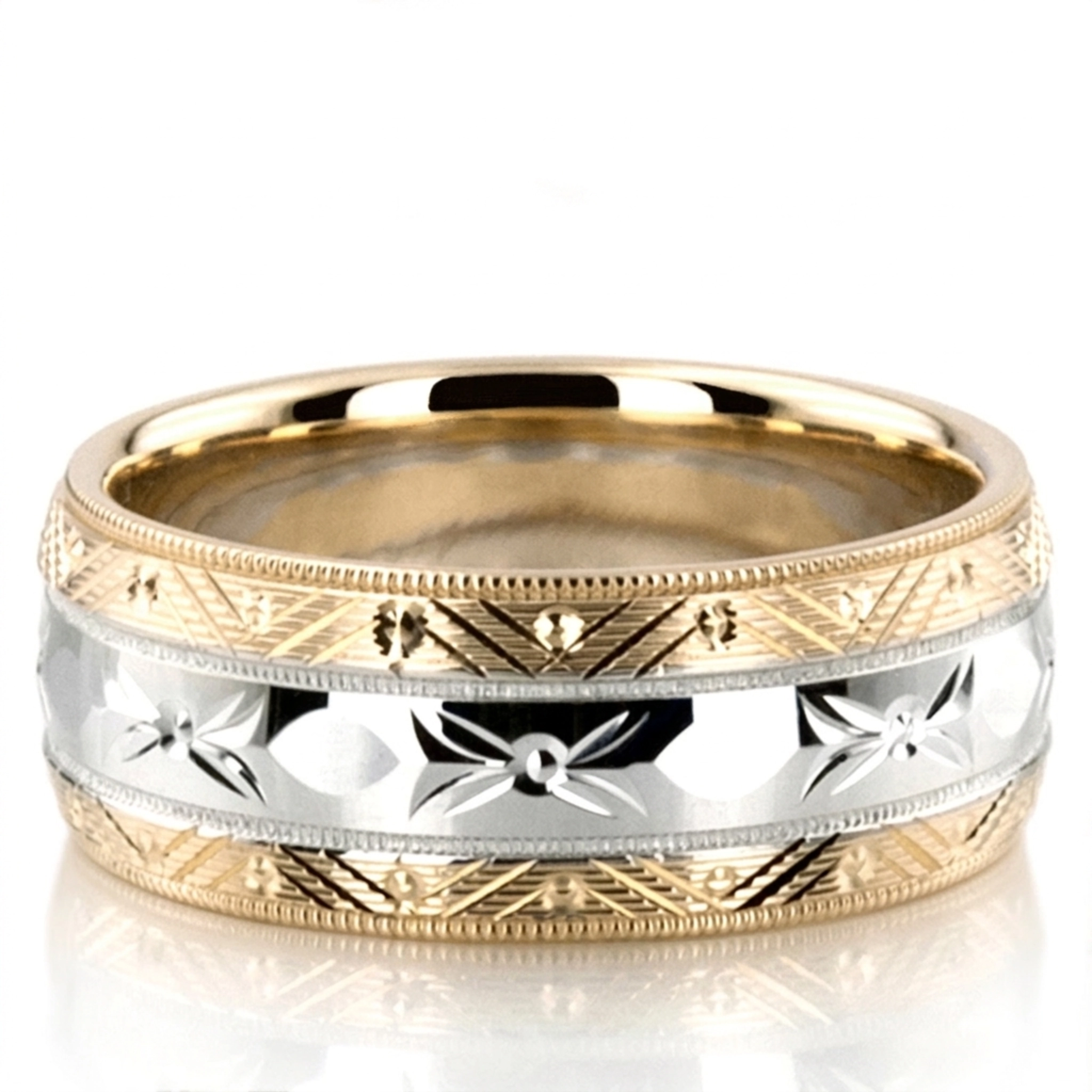 10K yellow-white-yellow gold 8mm. high polish fancy-carved-contemporary-wedding-band - main view