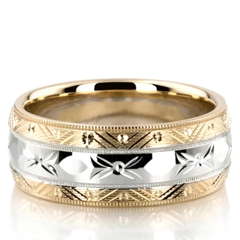 14K yellow-white-yellow gold 8mm. high polish fancy-carved-contemporary-wedding-band - main view