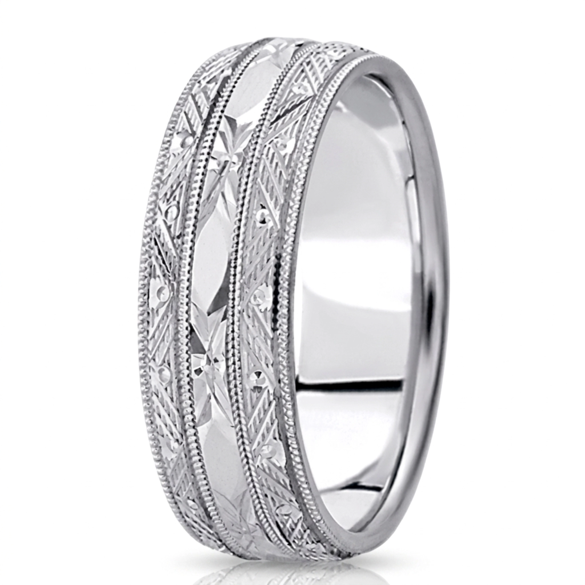 10K white gold 7mm. high polish fancy-carved-contemporary-wedding-band - alternate view 5