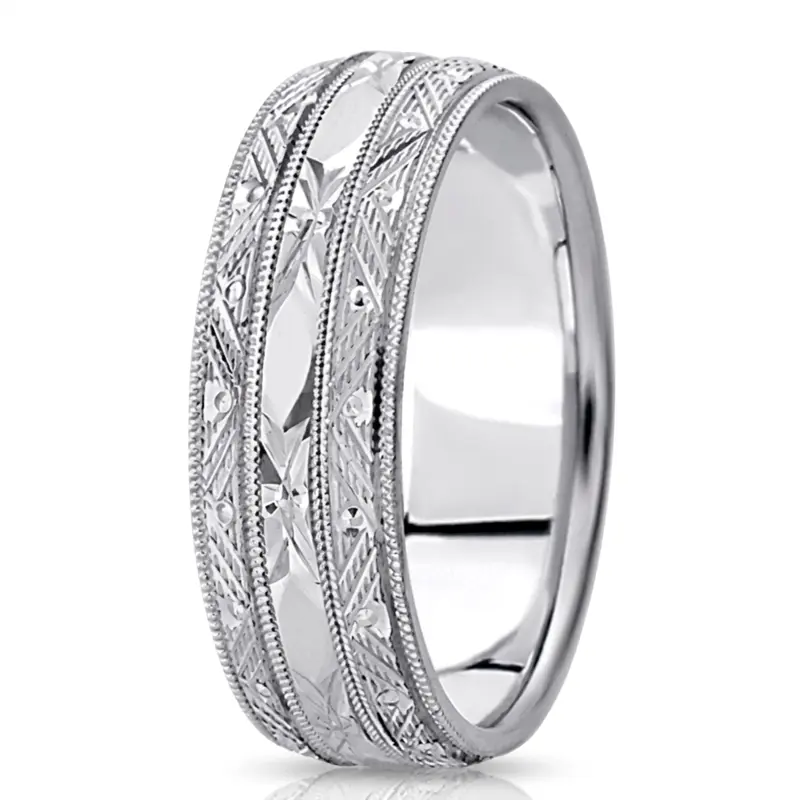 14K white gold 7mm. high polish fancy-carved-contemporary-wedding-band - alternate view 5
