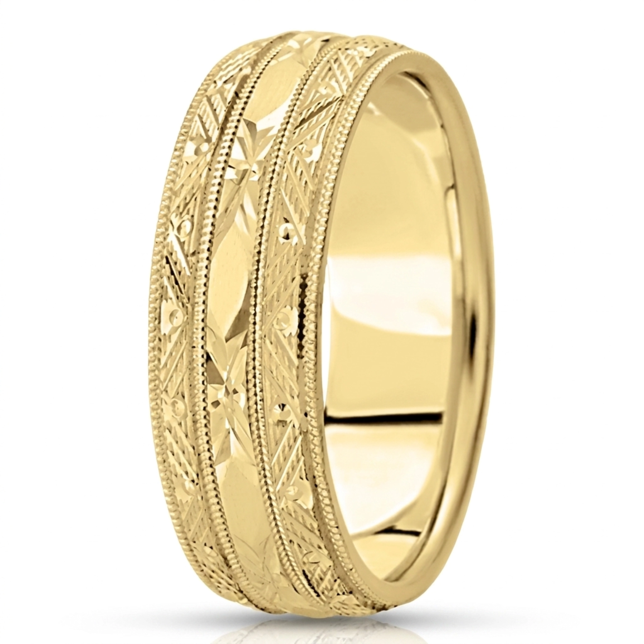 10K yellow gold 7mm. high polish fancy-carved-contemporary-wedding-band - alternate view 4