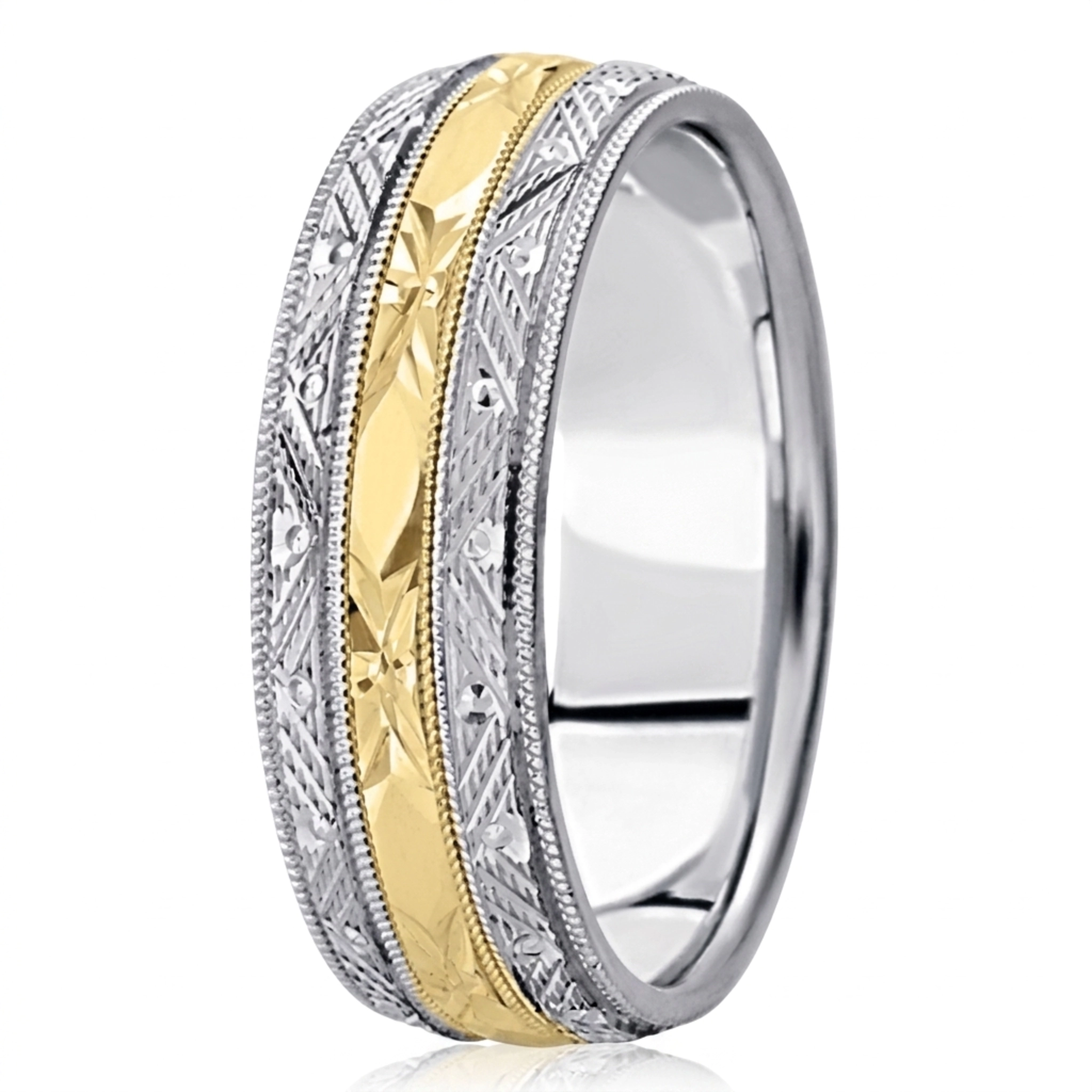 10K white-yellow-white gold 7mm. high polish fancy-carved-contemporary-wedding-band - alternate view 6