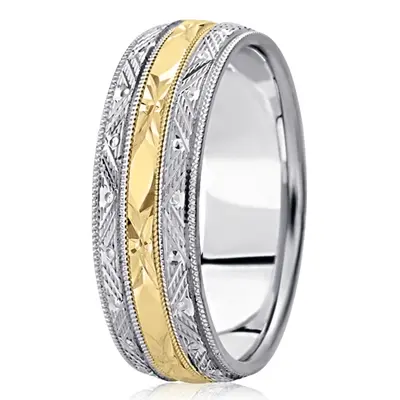 10K white-yellow-white gold 7mm. high polish fancy-carved-contemporary-wedding-band - alternate view 6 thumbnail