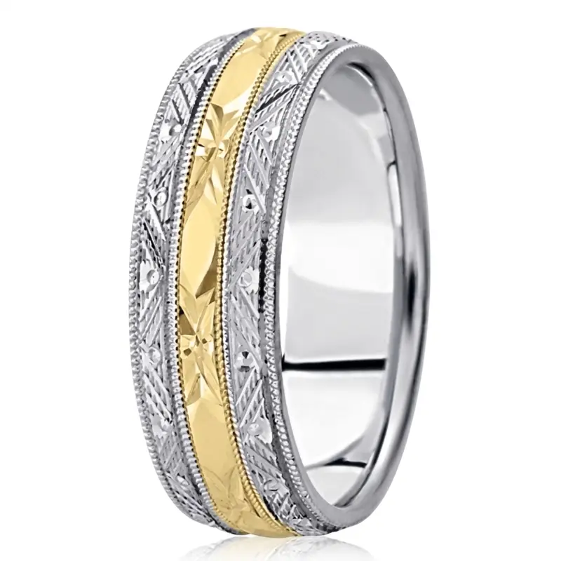 14K white-yellow-white gold 7mm. high polish fancy-carved-contemporary-wedding-band - alternate view 6