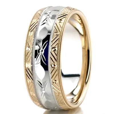 10K yellow-white-yellow gold 8mm. high polish fancy-carved-contemporary-wedding-band - alternate view 7 thumbnail