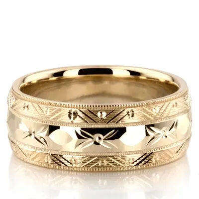 10K yellow gold 8mm. high polish fancy-carved-contemporary-wedding-band - alternate view 3 thumbnail