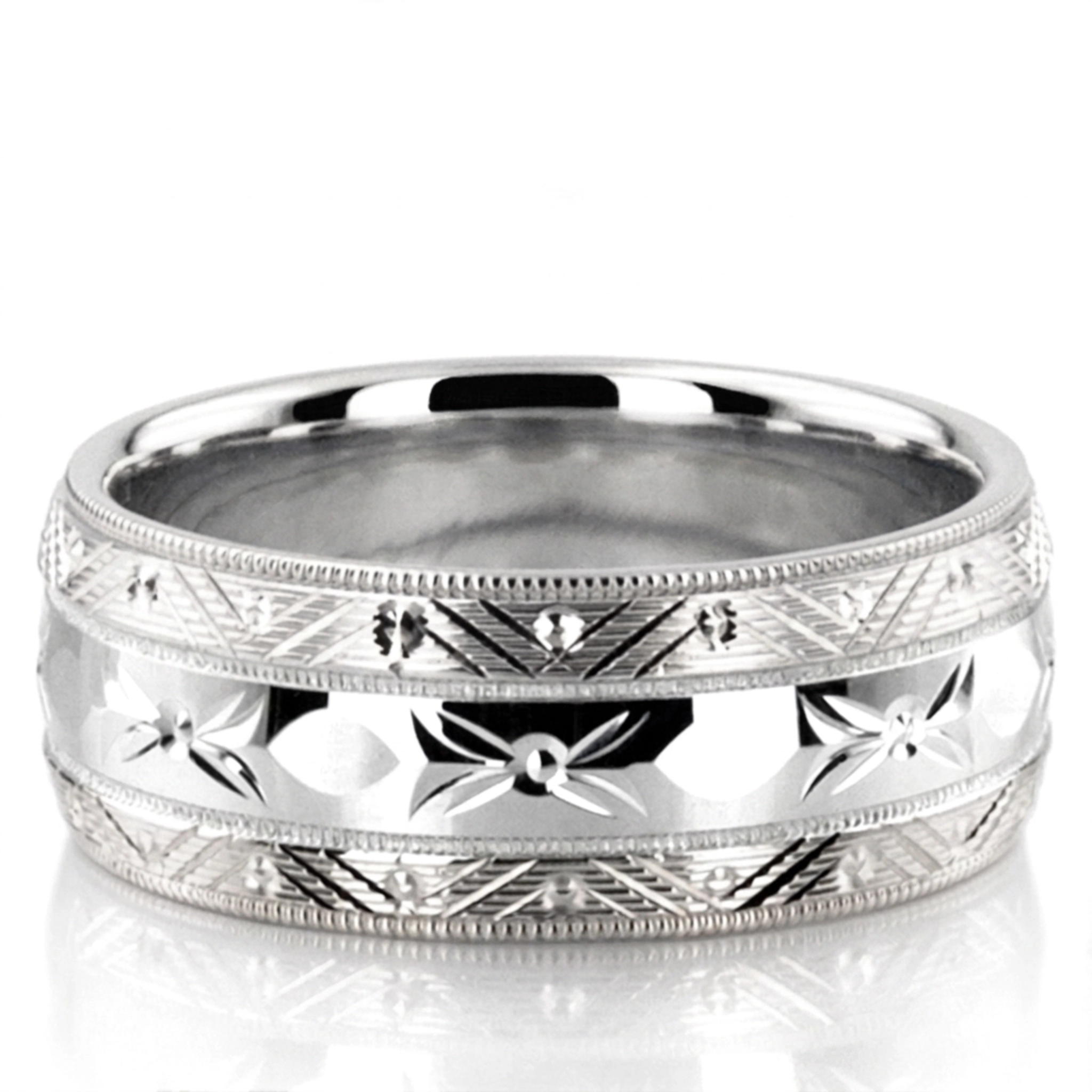 10K white gold 8mm. high polish fancy-carved-contemporary-wedding-band - alternate view 2