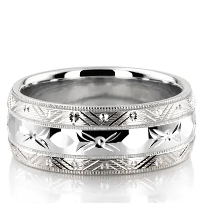10K white gold 8mm. high polish fancy-carved-contemporary-wedding-band - alternate view 2 thumbnail