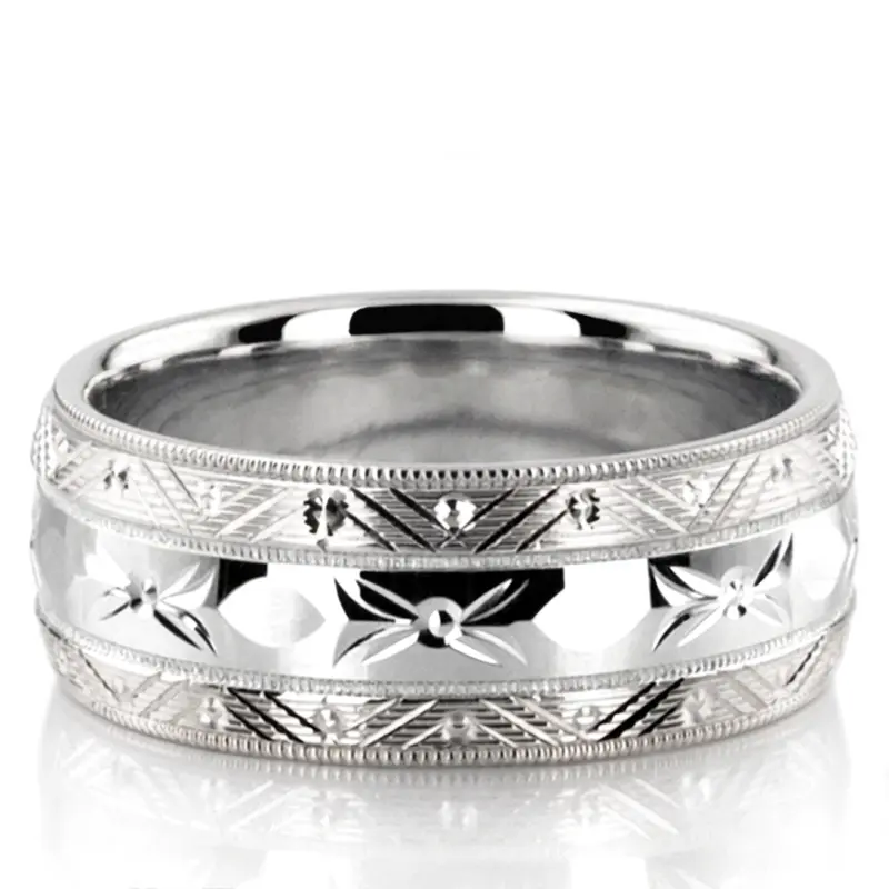 14K white gold 8mm. high polish fancy-carved-contemporary-wedding-band - alternate view 2