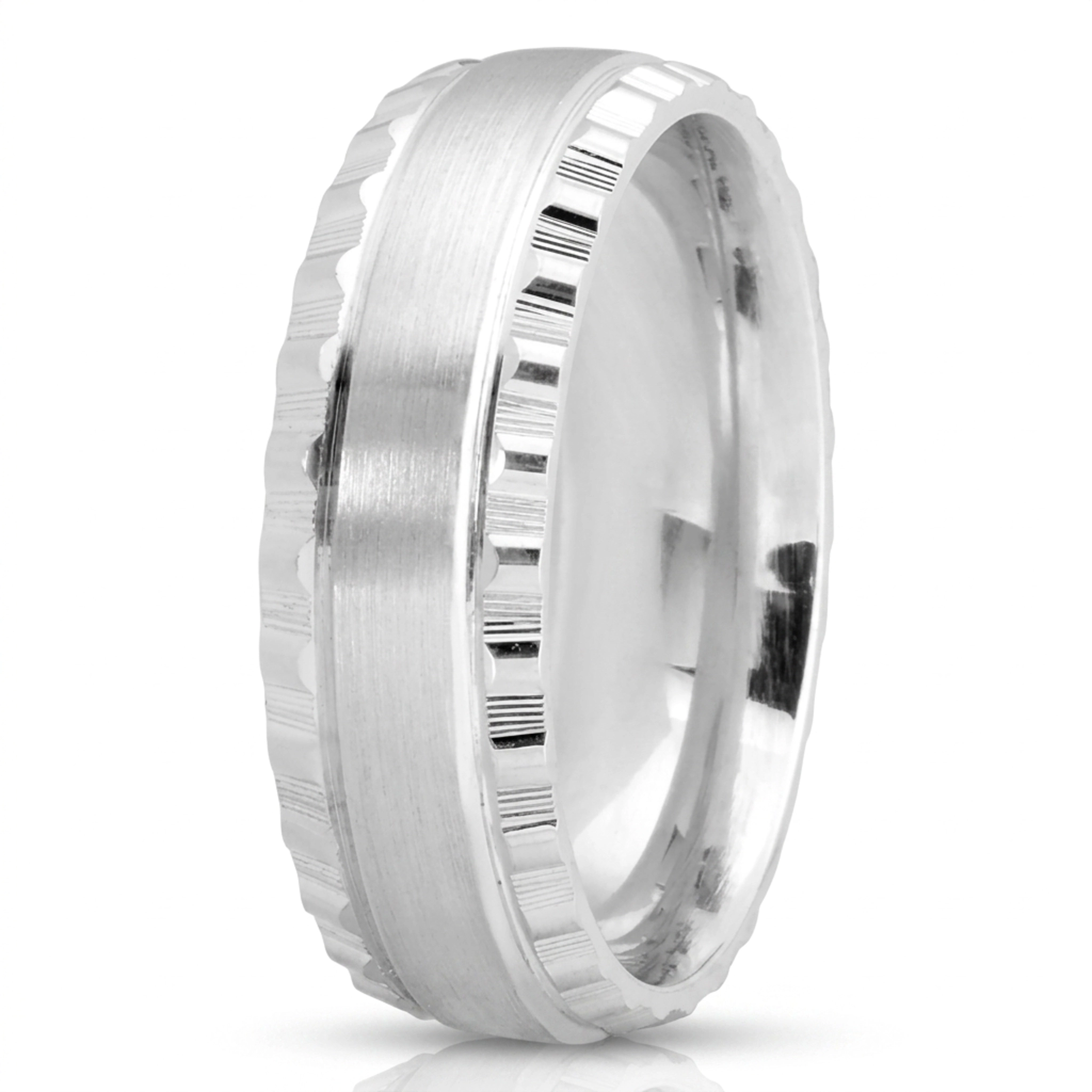 10K white gold 7mm. satin finish Grooved-Edge-Fancy-Wedding-Ring - main view