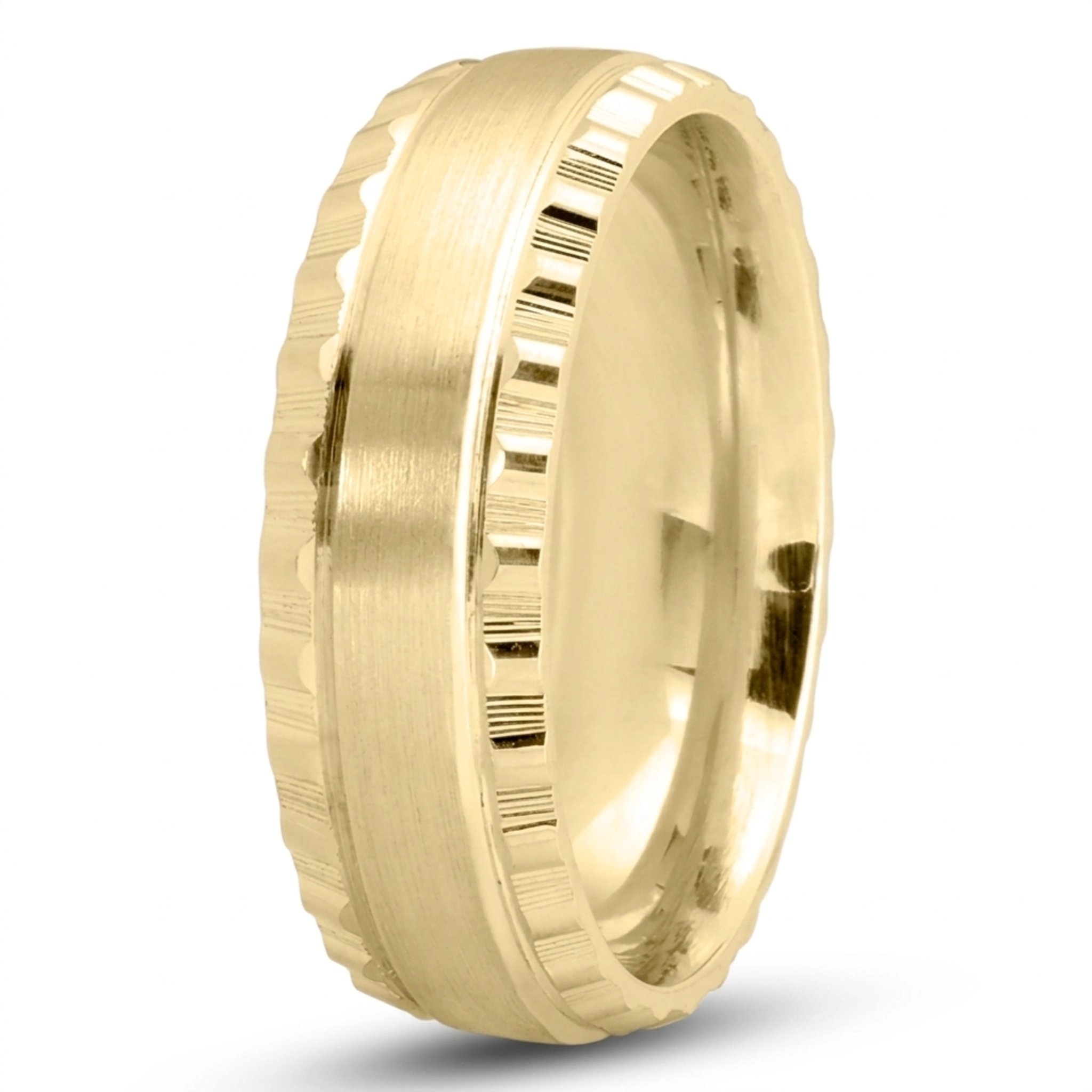 10K yellow gold 7mm. satin finish Grooved-Edge-Fancy-Wedding-Ring - alternate view 3